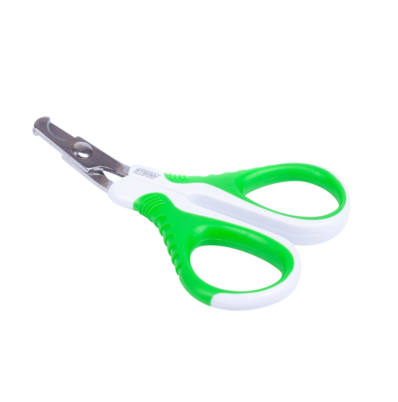Когтерез-ножницы (когтерезка) для стрижки когтей животных, бело-зеленый, изогнутый, малый 95х65х14