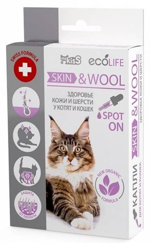 Ms Kiss Капли Ecolife ЗДОРОВЬЕ КОЖИ И ШЕРСТИ для котят и кошек капли 10 мл(12)