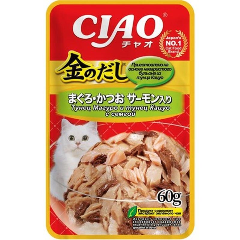 CIAO Kinnodashi, Влажный корм для кошек Тунец Магуро и тунец Кацуо с семгой, пауч 60 гр