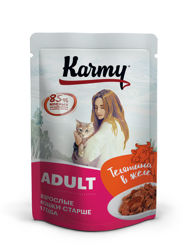 KARMY Эдалт корм д/кошек старше 1 года телятина в желе пауч 80 гр