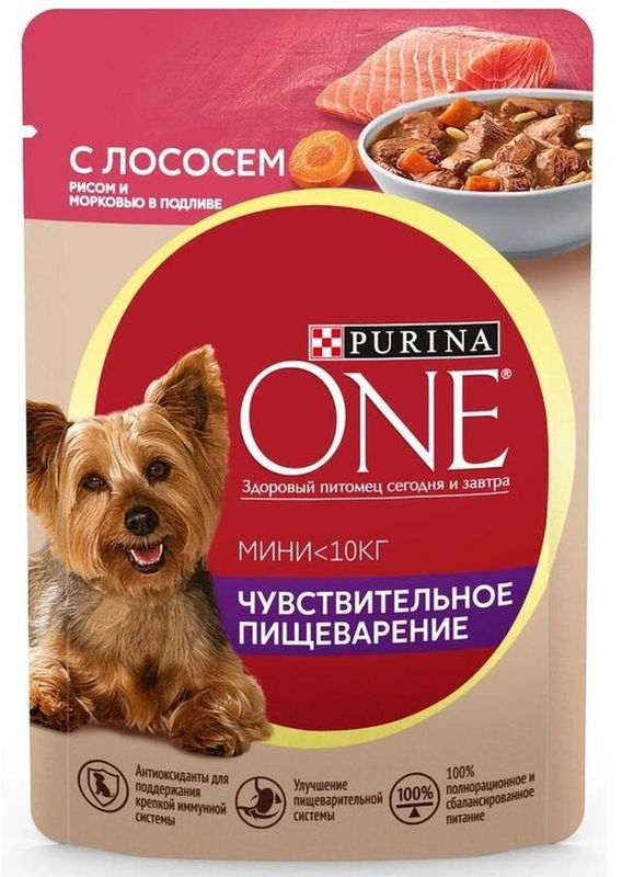 Влажный корм д/взрослых собак мини пород с чувствительным пищеварением, лосось, рис, морковь 85 гр