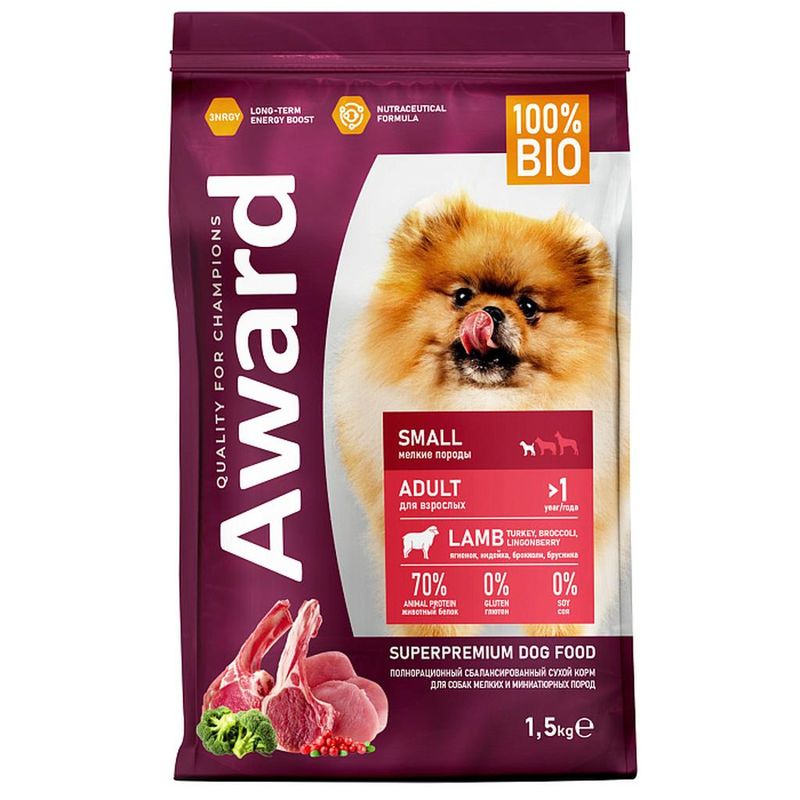 AWARD Корм д/собак мини.пород, с ягненком, индейкой, брокколи и брусникой 800 гр