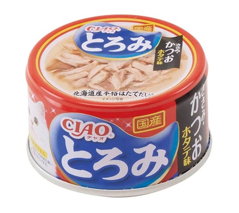 CIAO Toromi, Влажный корм для кошек Куриное филе с тунцом Кацуо со вкусом морского гребешка в бульоне, банка 80 гр