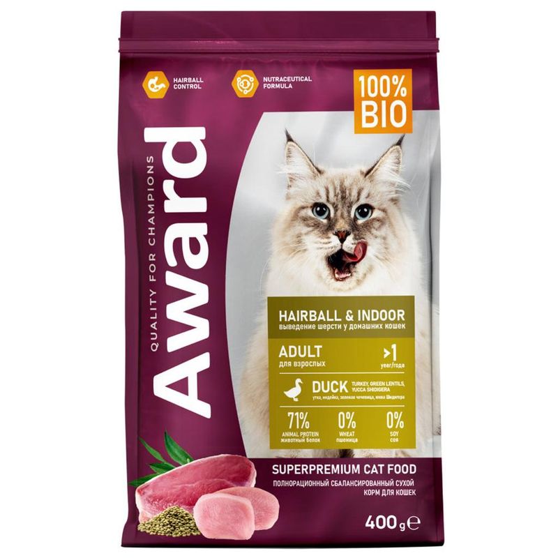 Hairball&Indo Корм д/взрослых кошек д/вывода шерсти с уткой, индейкой и зеленой чечевицей 400 гр