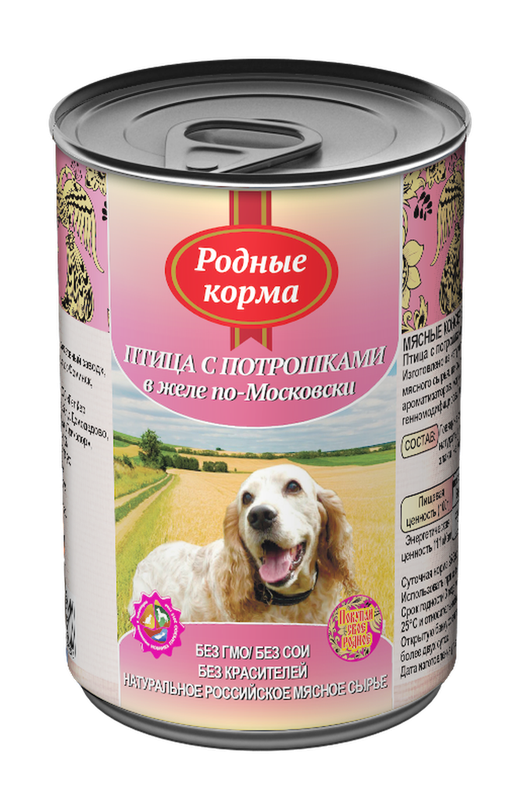 Консервированный корм для собак "Птица с потрошками в желе по-московски", банка 410 гр