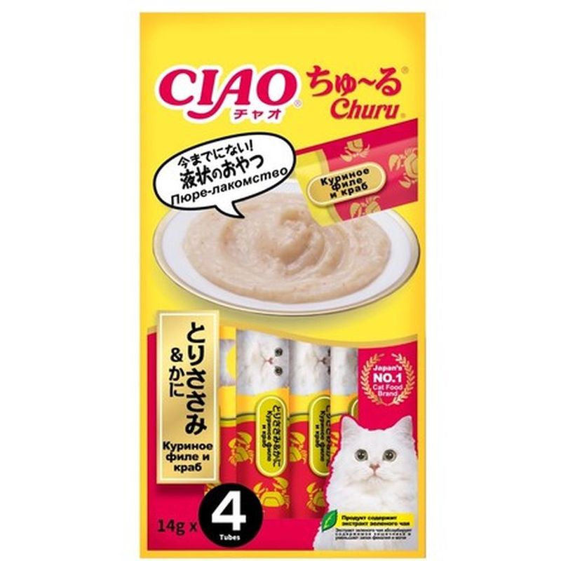 CIAO Churu, Лакомство-пюре для кошек Куриное филе с крабом 4 х 14 гр