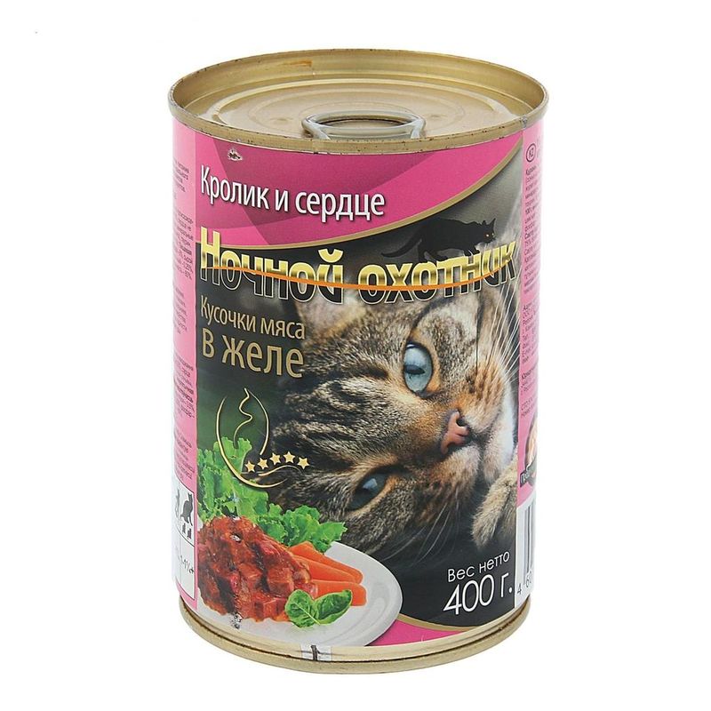 Консервированный корм для кошек "Кусочки мяса в желе с кроликом и сердцем", банка 415 гр