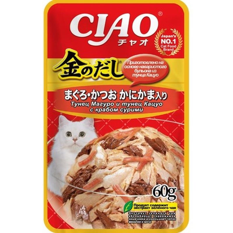 CIAO Kinnodashi, Влажный корм для кошек Тунец Магуро и тунец Кацуо с крабом сурими, пауч 60 гр