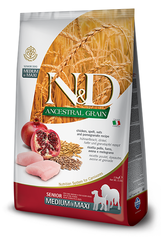 N&D Ancestral Grain, полнорационный низкозерновой корм для пожилых собак средних и крупных пород, курица и гранат 12 кг