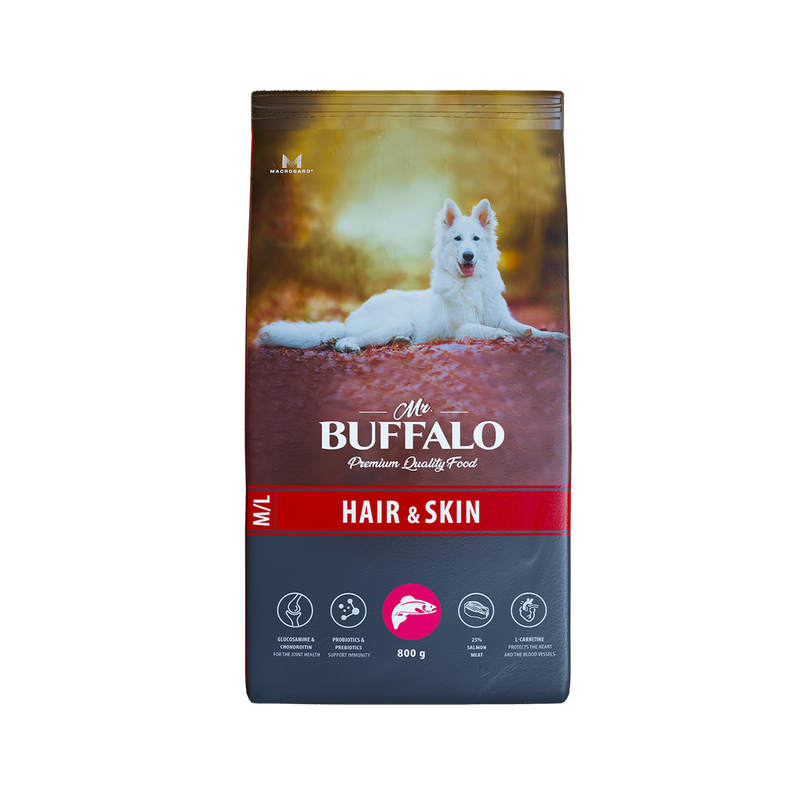 Mr.Buffalo HAIR & SKIN Сухой корм д/соб. ср. и кр. пород, д/шерсти и кожи (лосось) 0,8 кг(15)