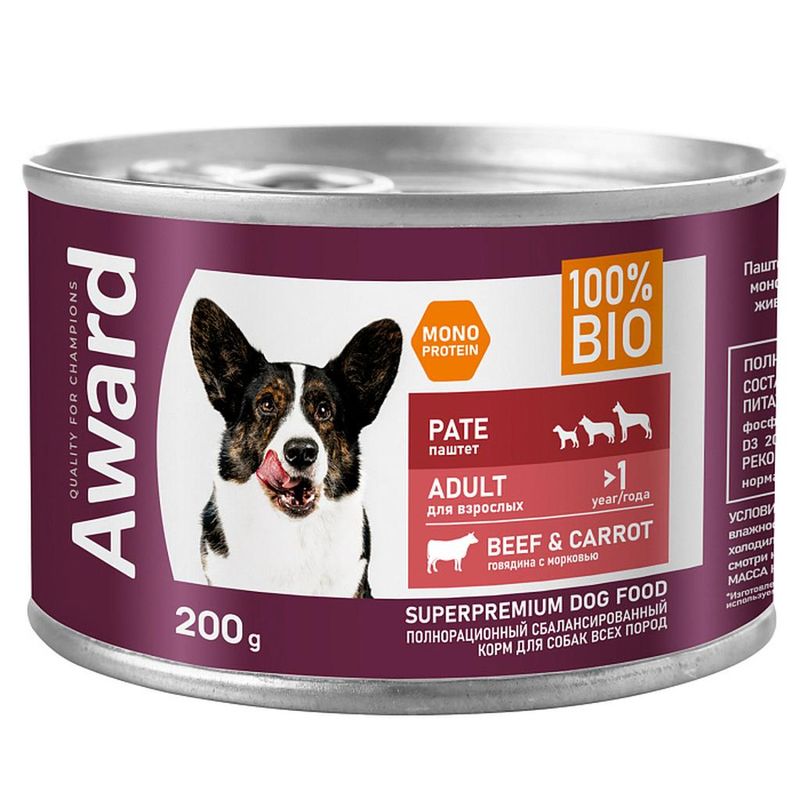 AWARD Паштет д/взрослых собак из говядины с морковью 200 гр