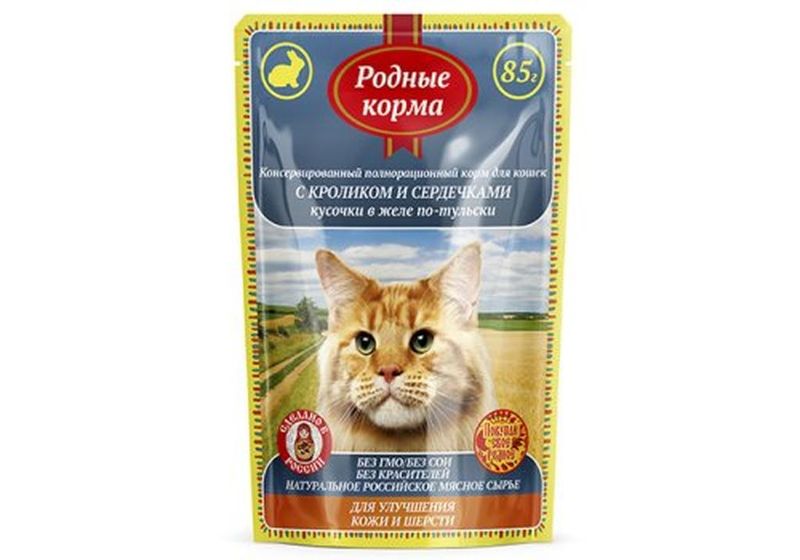 Полнорационный влажный корм для кошек для улучшения кожи и шерсти с кроликом и сердечками в желе по-тульски пауч 85 гр 85 гр