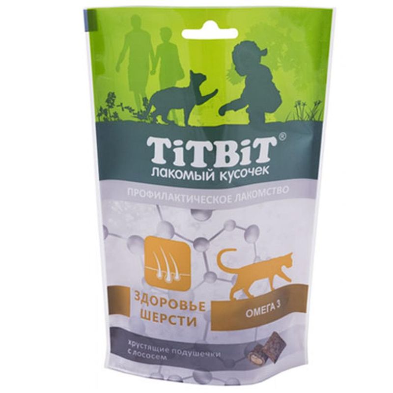 Хрустящие подушечки для кошек из лосося для здоровья шерсти 60 гр