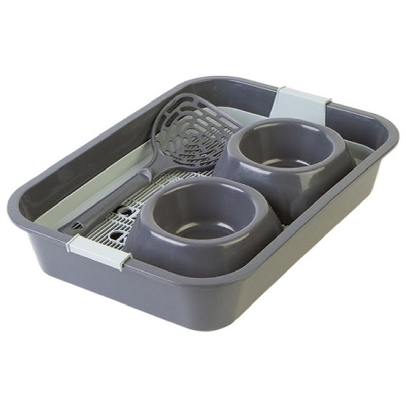 Набор "Для любимца" (туалет с сеткой, миска двойная, совок) графит