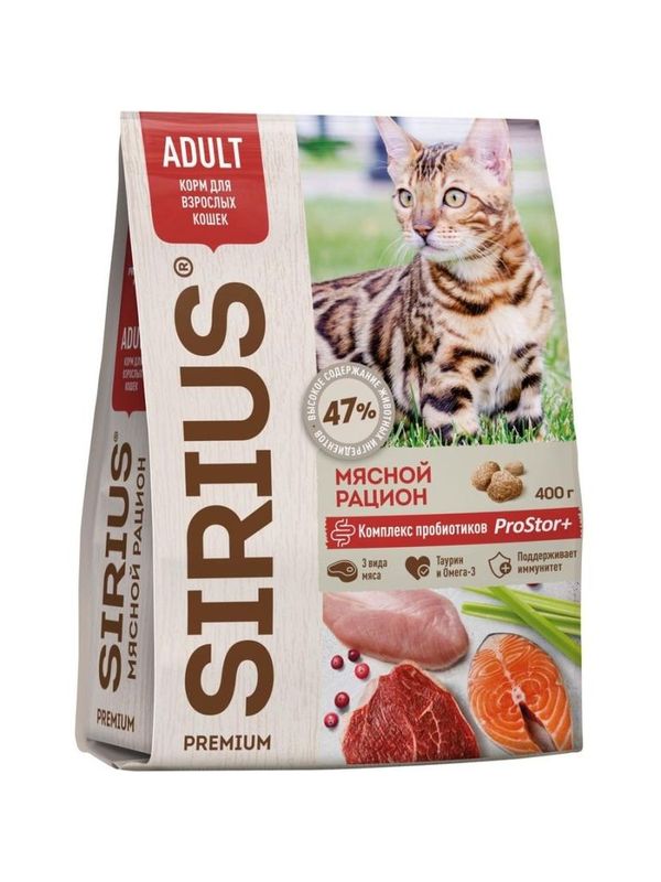 Сухой полнорационный корм для взрослых кошек, мясной рацион 400 гр