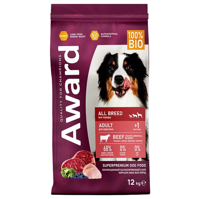 Сухой корм для взрослых собак всех пород с говядиной и курицей с добавлением брокколи и черники 2 кг