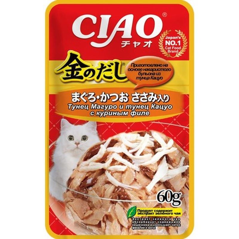 CIAO Kinnodashi, Влажный корм для кошек Тунец Магуро и тунец Кацуо с куриным филе, пауч 60 гр