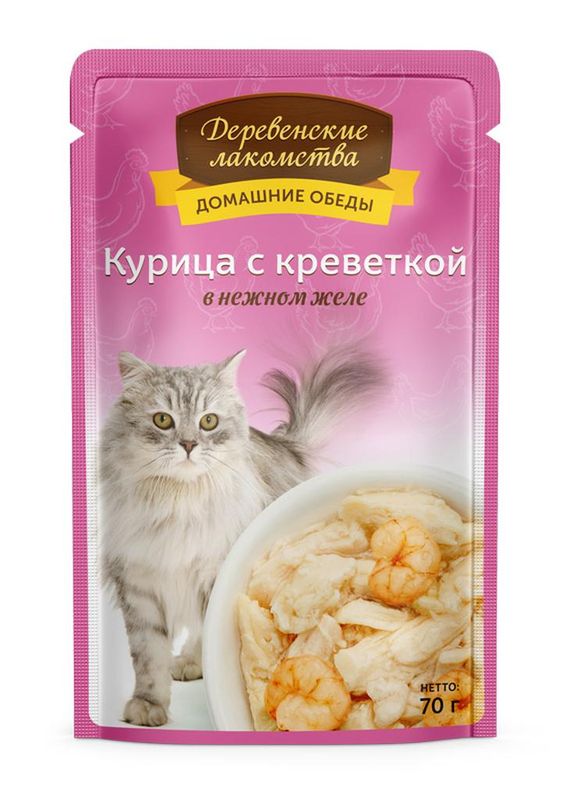 Домашние обеды для кошек: курица с креветкой в нежном желе, пауч 70 гр