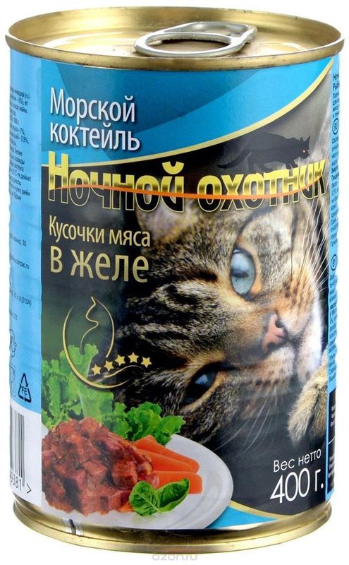 Консервированный корм для кошек "Кусочки мяса в желе - Морской коктейль", банка 415 гр