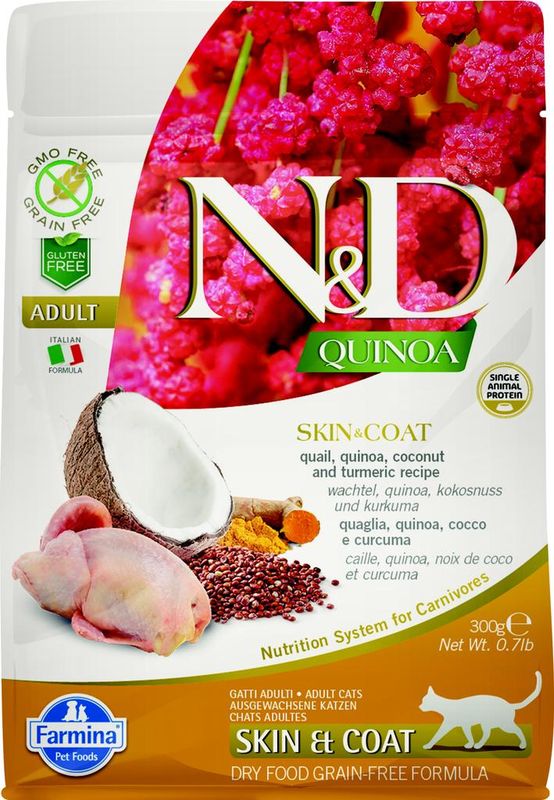 N&D Quinoa, полнорационный сухой корм для здоровья кожи и шерсти у взрослых кошек с перепелом, киноа, кокосом и куркумой 1,5 кг