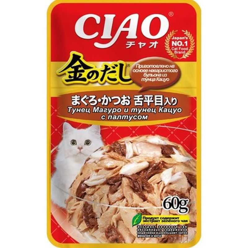 CIAO Kinnodashi, Влажный корм для кошек Тунец Магуро и тунец Кацуо с палтусом, пауч 60 гр