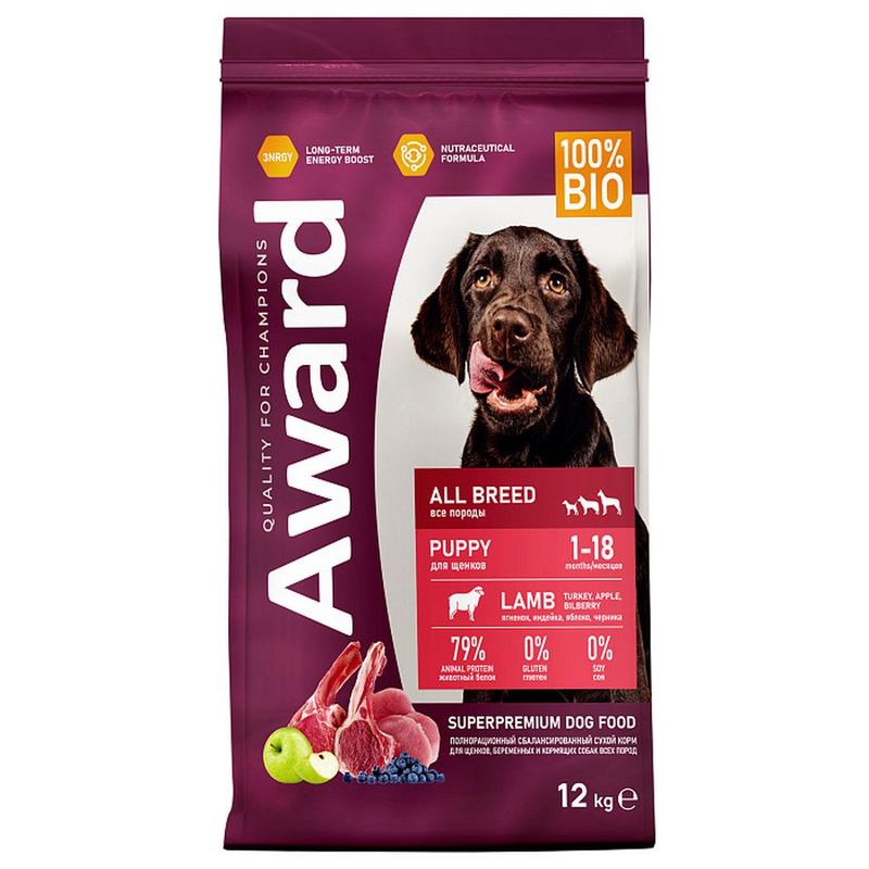 AWARD Корм д/щенков вс. пород и бер.сук,с ягненком, индейкой, яблоком и черникой 800 гр