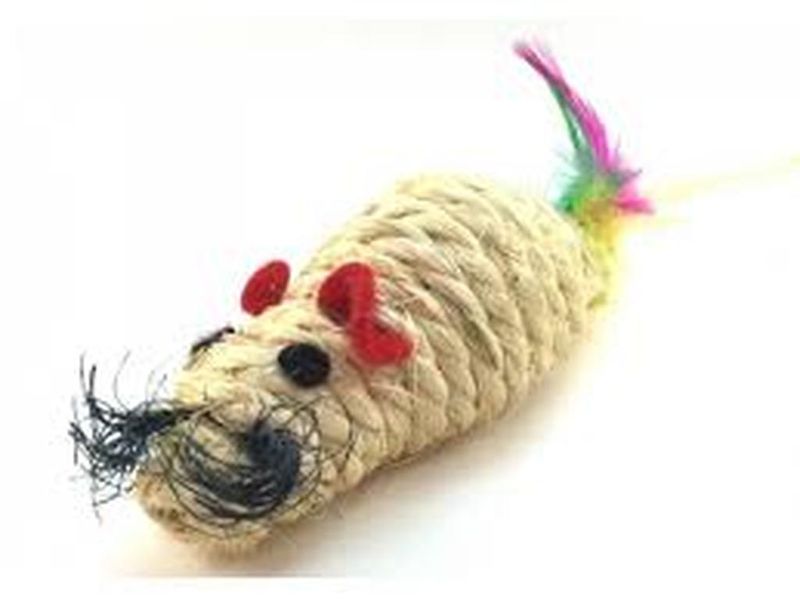 Игрушка для кошек "Мышь сизалевая с перьями" 70 мм