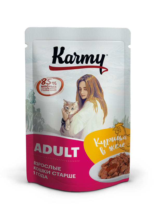 KARMY Эдалт корм д/кошек старше 1 года курица в желе пауч 80 гр