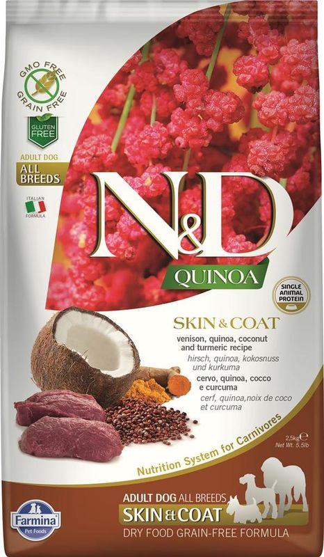 N&D Quinoa, полнорационный сухой корм для здоровья кожи и шерсти у взрослых собак с олениной 2,5 кг