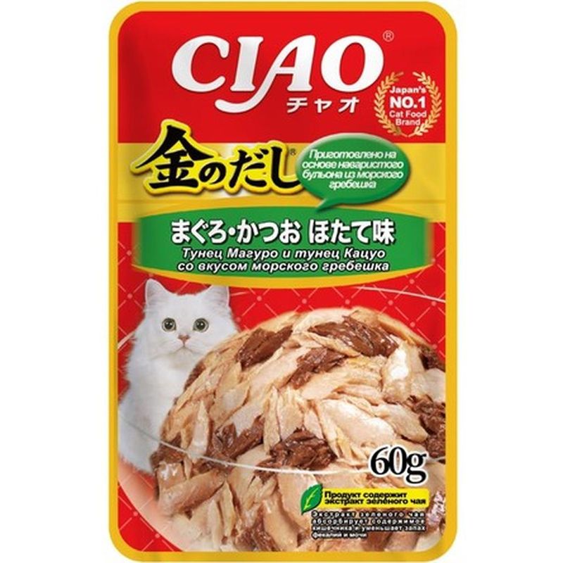 CIAO Kinnodashi, Влажный корм для кошек Тунец Магуро и тунец Кацуо со вкусом морского гребешка, пауч 60 гр